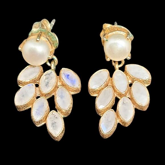 Bridal Luxe BHLDN Moonstone Pearl Gold Dangle Earrings Romantic Statement - Picture 1 of 8